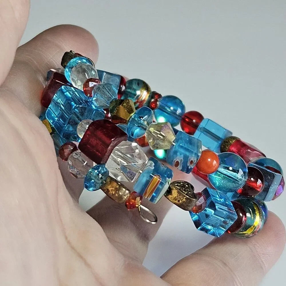 Blue Red Gold Tone Glass Beaded Wrap Bracelet